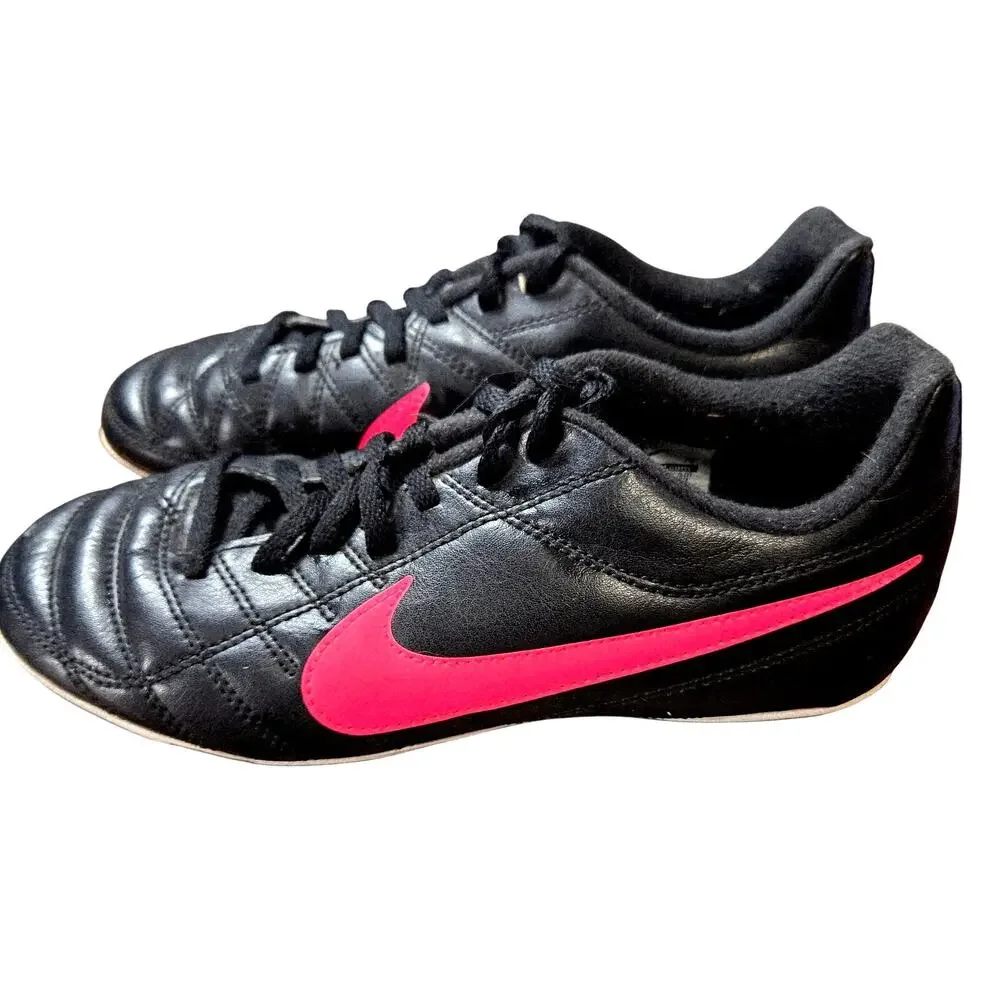 Nike 3Y Chasser Soccer Cleats Black Pink Girl's Tennis Shoes Athletic Sneakers